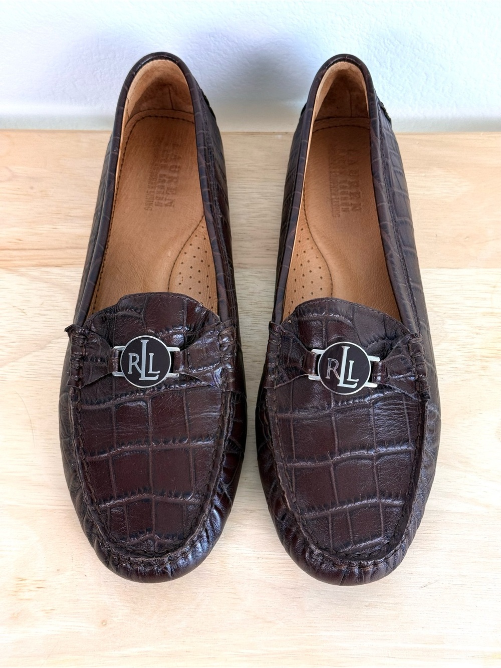 Lauren Ralph Lauren Carley Croc Embossed Leather Driving Loafers Brown 10B